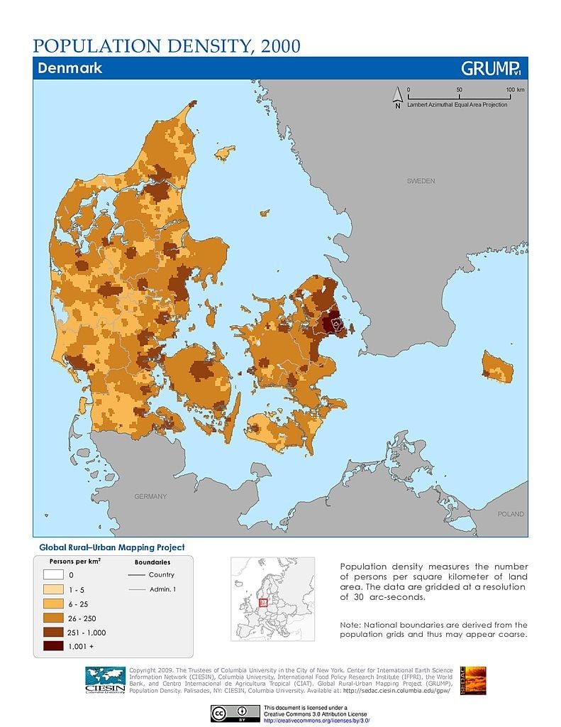 danmörk íbúafjölda kort